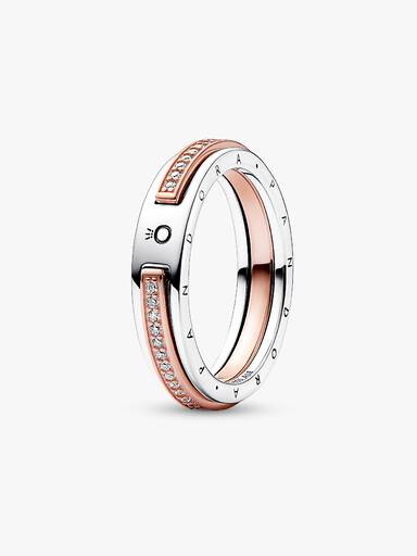 Dvoubarevný prsten Pandora Signature Logo a pavé