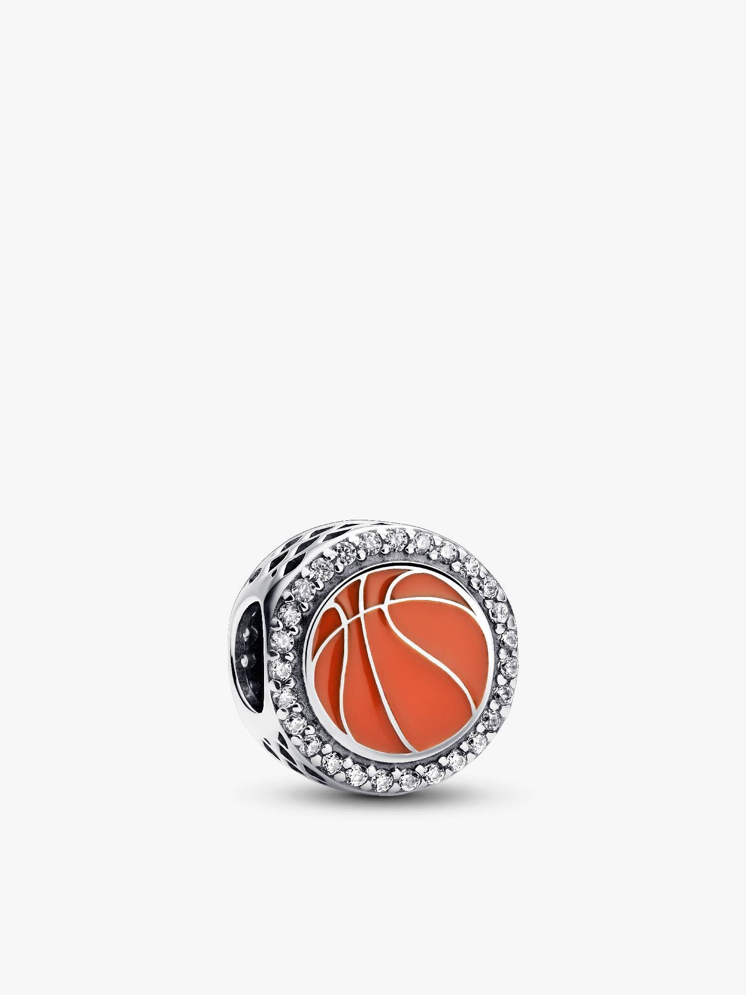 Basketball sterling silver charm with clear cubic zirconia and orange enamel