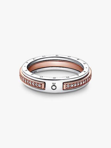 Dvoubarevný prsten Pandora Signature Logo a pavé